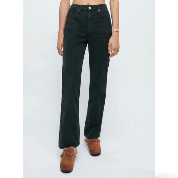 Re/Done 70s Loose Flare Corduroy High Rise Cropped Trouser Pants Casual Green 24 - Picture 1 of 11